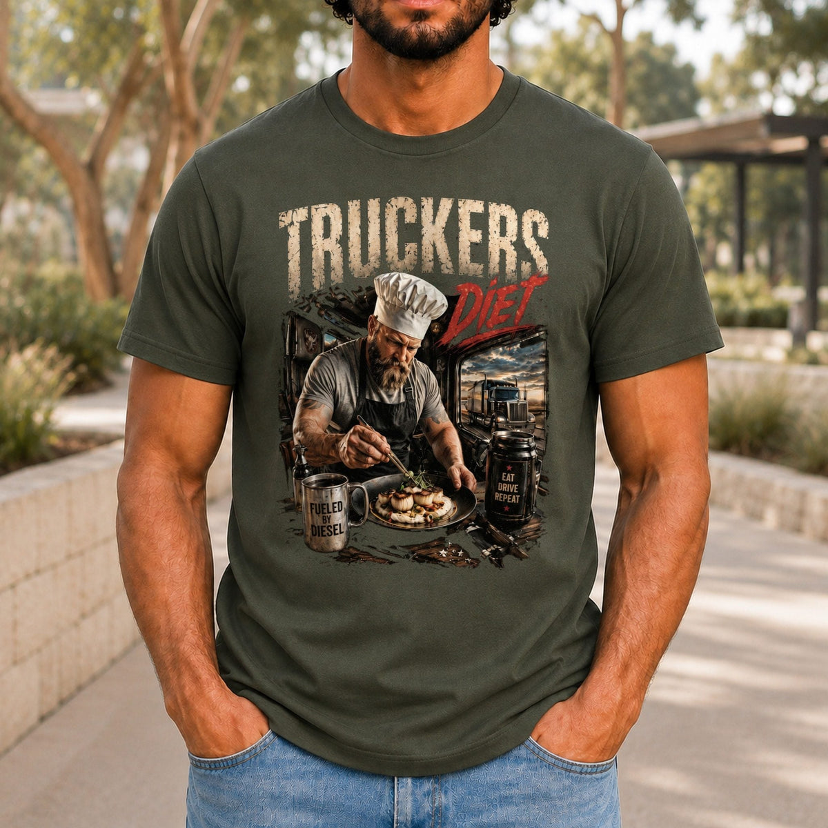 Truckers Diet Men’s tee in Army, front view