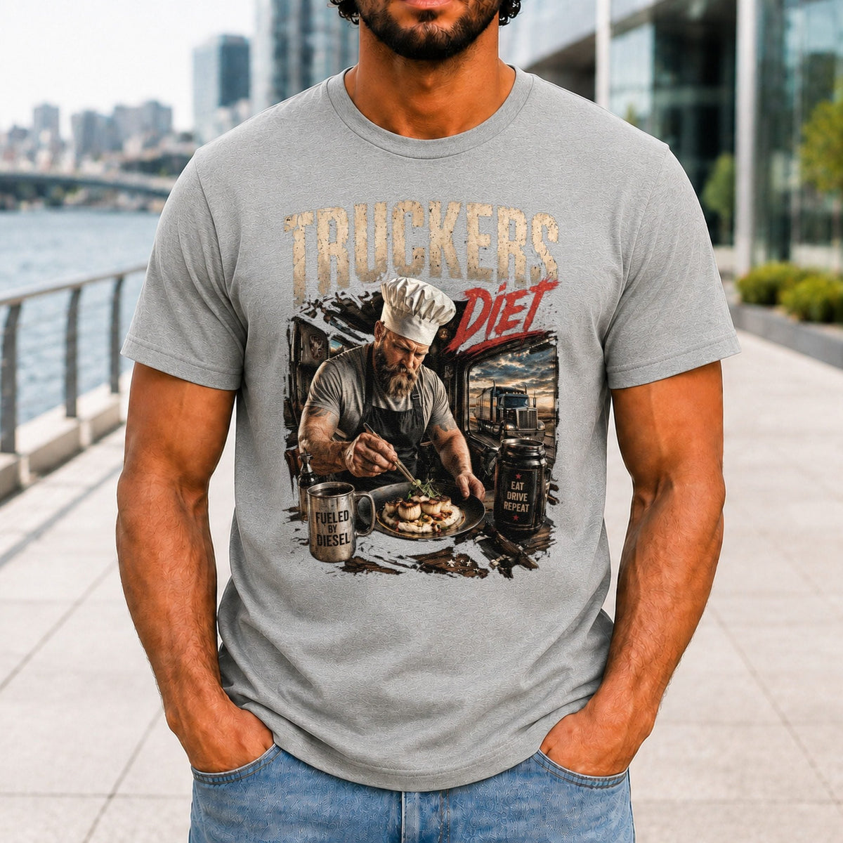 Truckers Diet Men’s tee in Athletic Heather, front view