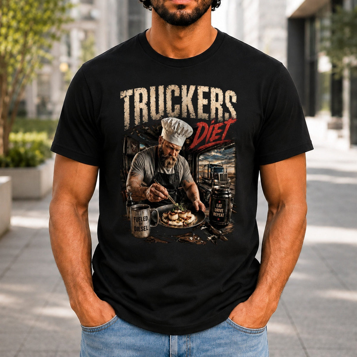 Truckers Diet Men’s tee in Black, front view