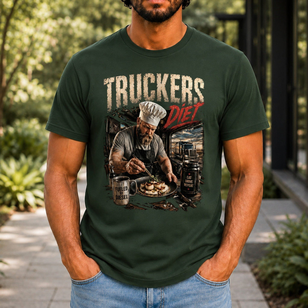 Truckers Diet Men’s tee in Forest Green, front view