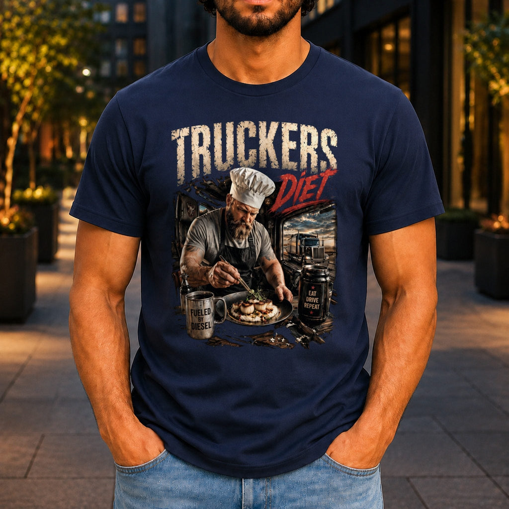 Truckers Diet Men’s tee in Navy, front view