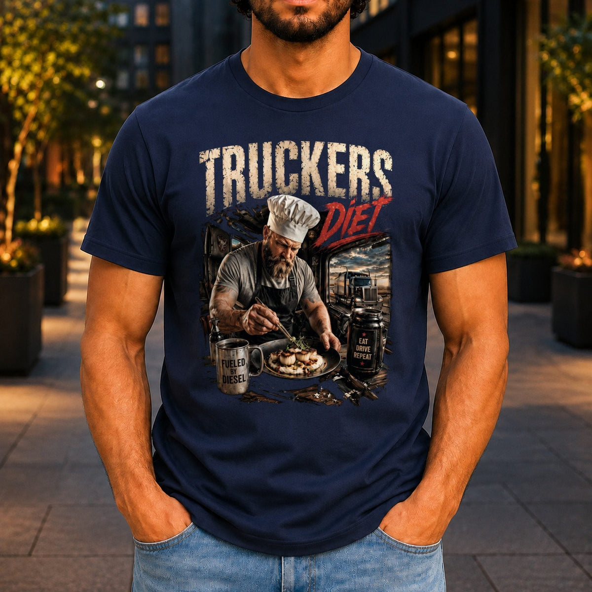 Truckers Diet Men’s tee in Navy, front view