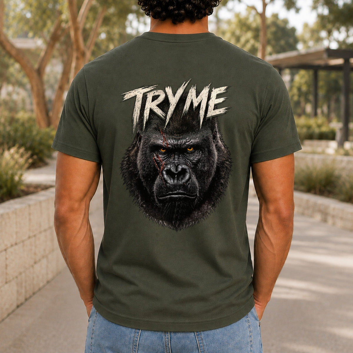 Try Me Men’s tee in Army, back view