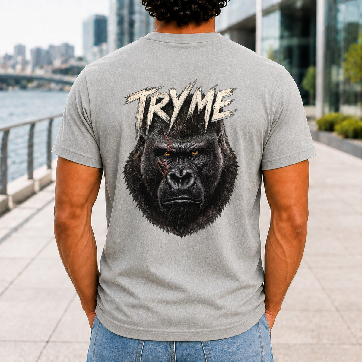 Try Me Men’s tee in Athletic Heather, back view