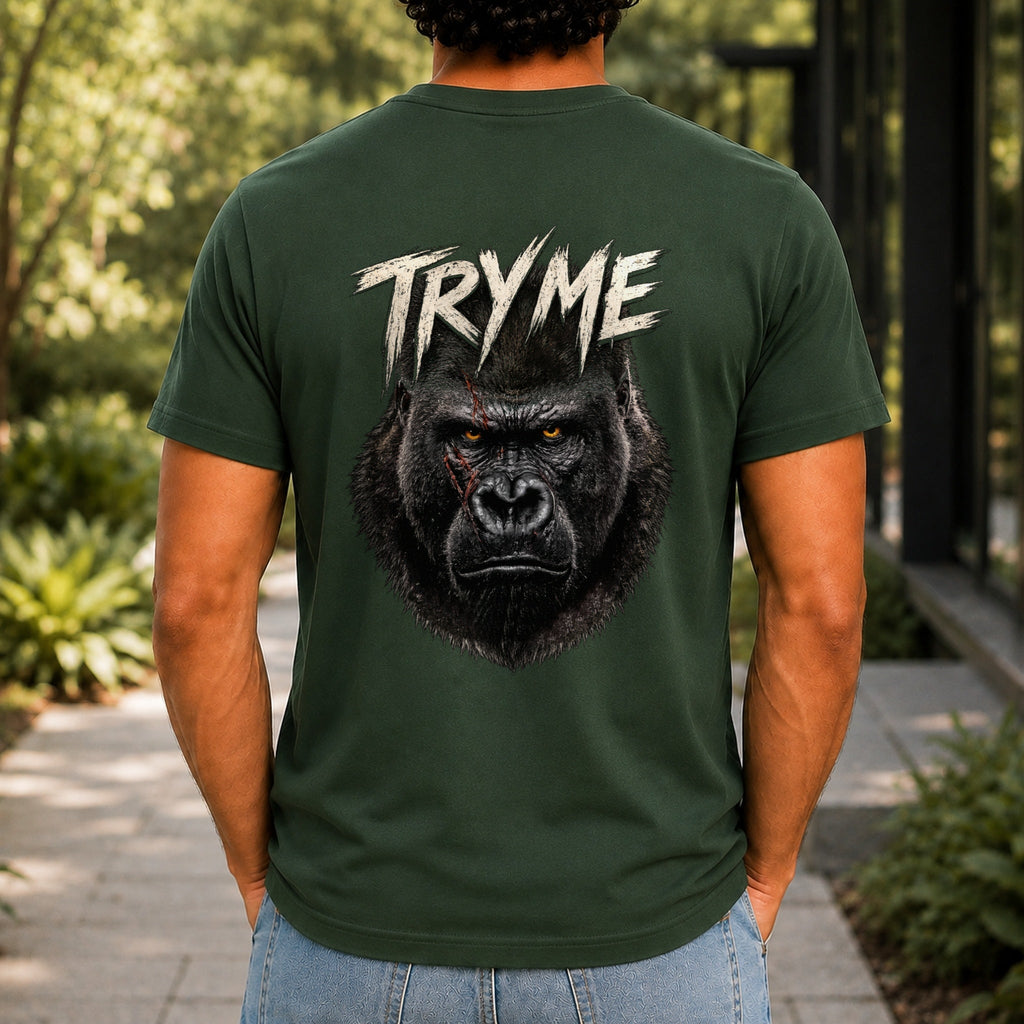 Try Me Men’s tee in Forest Green, back view