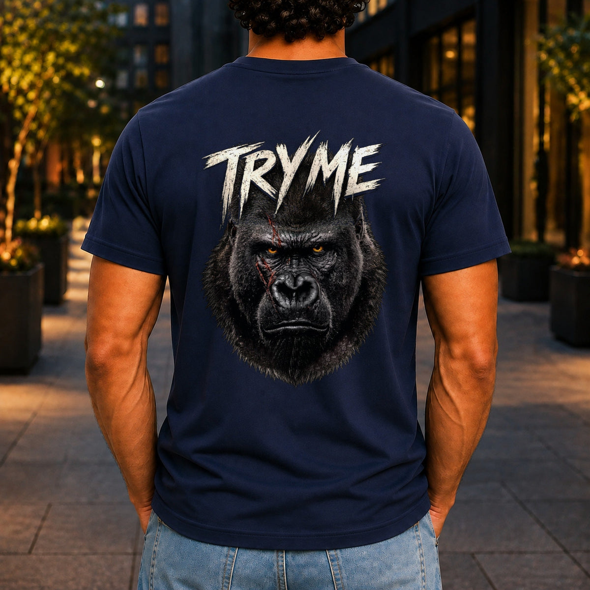 Try Me Men’s tee in Navy, back view