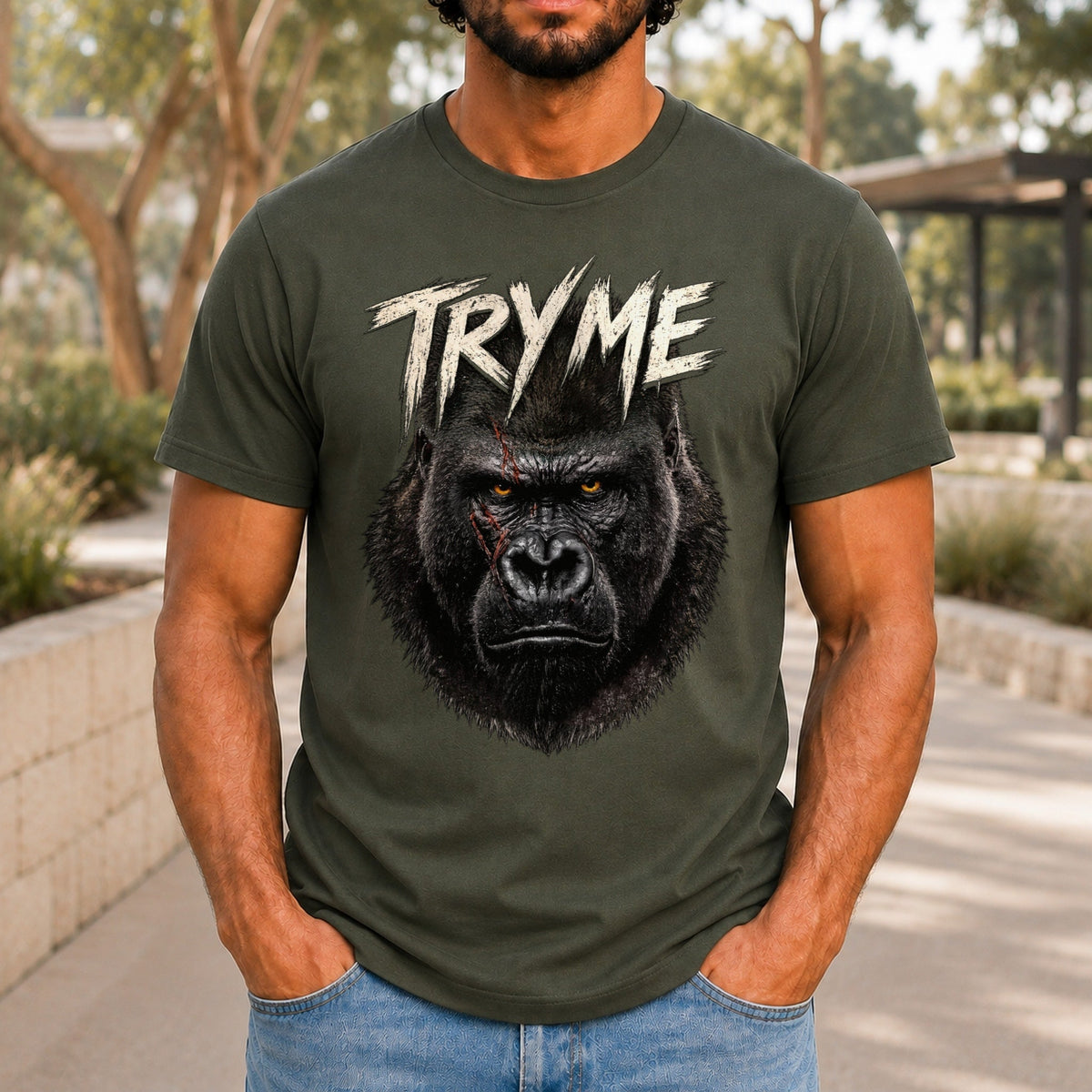 Try Me Men’s tee in Army, front view