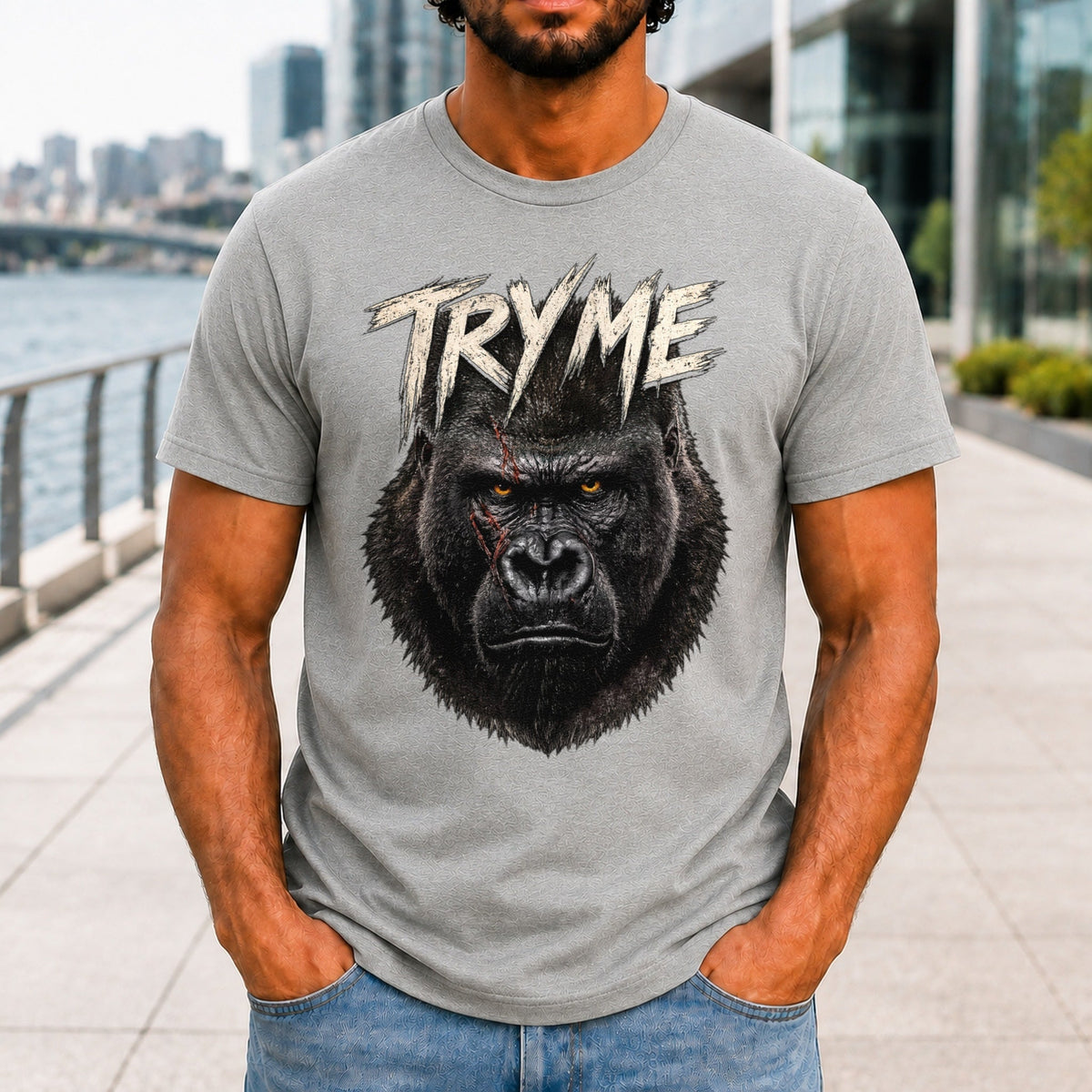 Try Me Men’s tee in Athletic Heather, front view