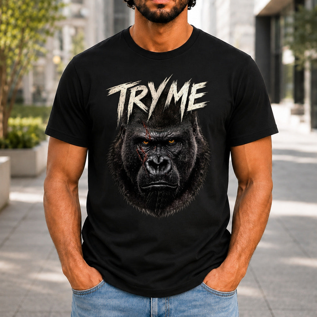 Try Me Men’s tee in Black, front view