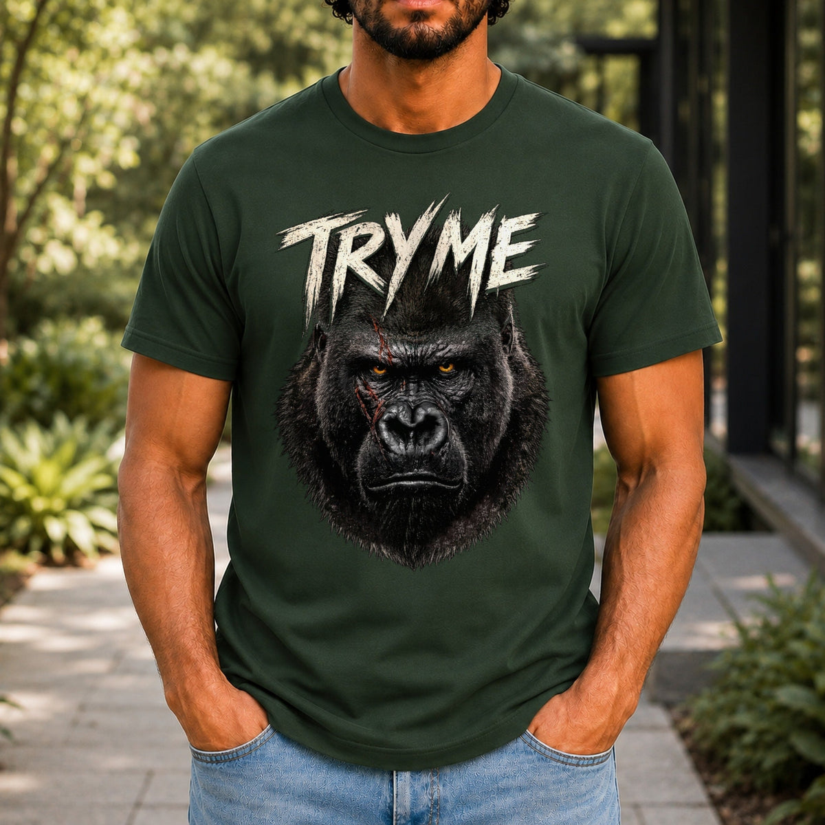 Try Me Men’s tee in Forest Green, front view