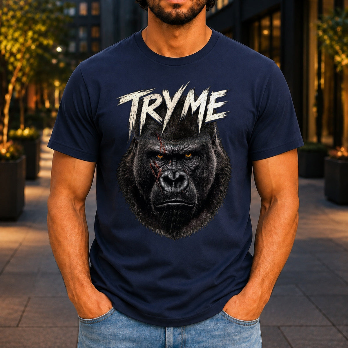 Try Me Men’s tee in Navy, front view