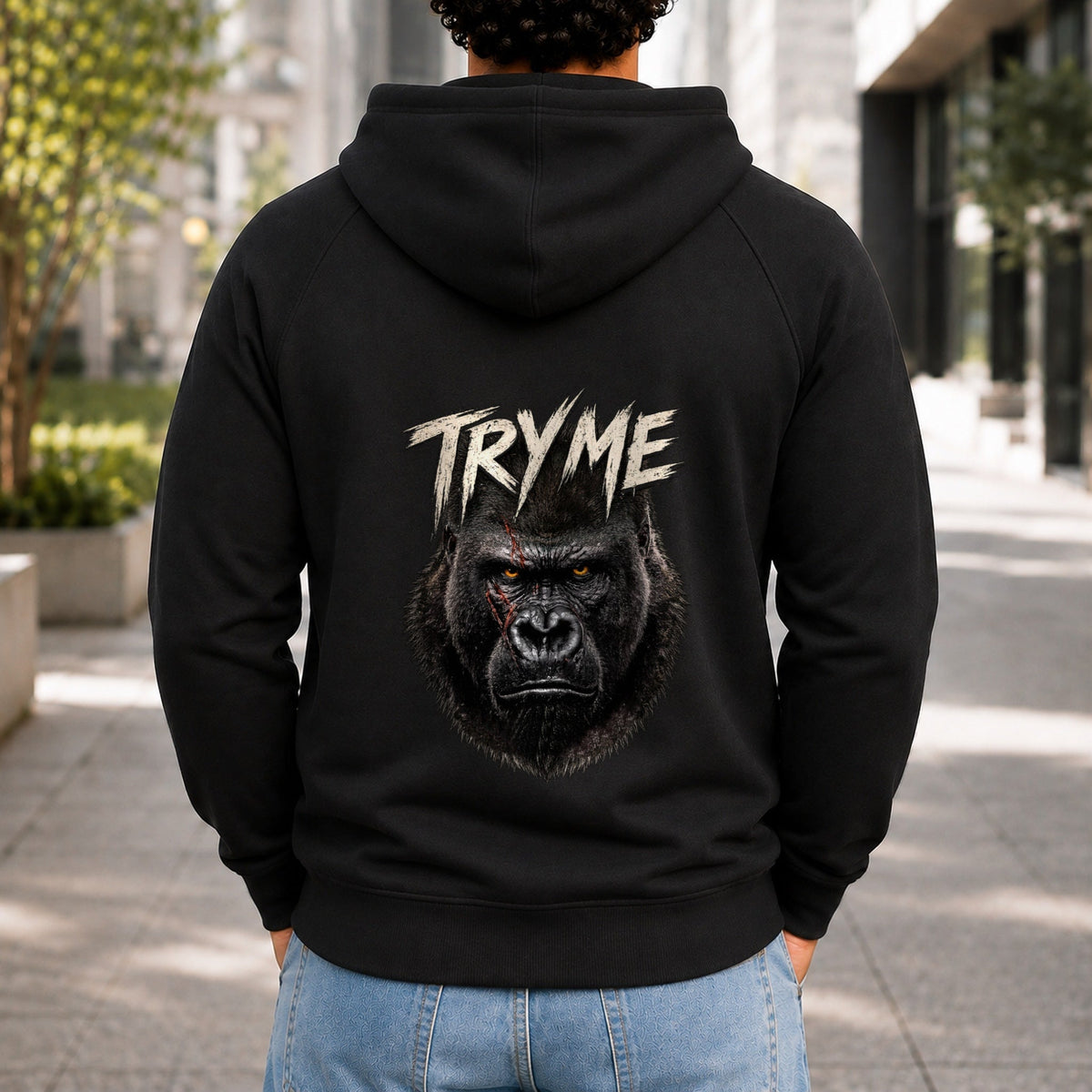 Try Me Men’s hoodie in Black, back view