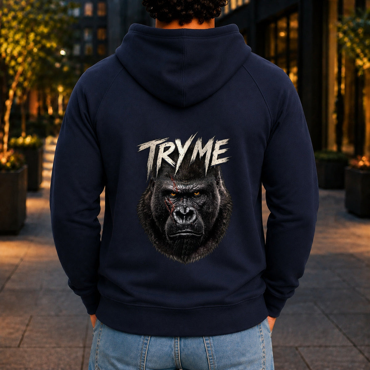Try Me Men’s hoodie in Navy, back view