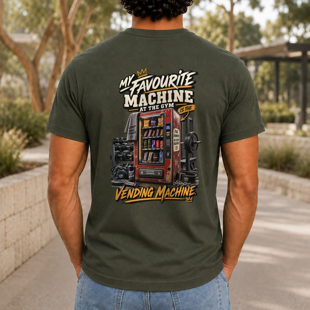My Favourite Machine At The Gym graphic printed on the back of an army KRED Threads premium tee