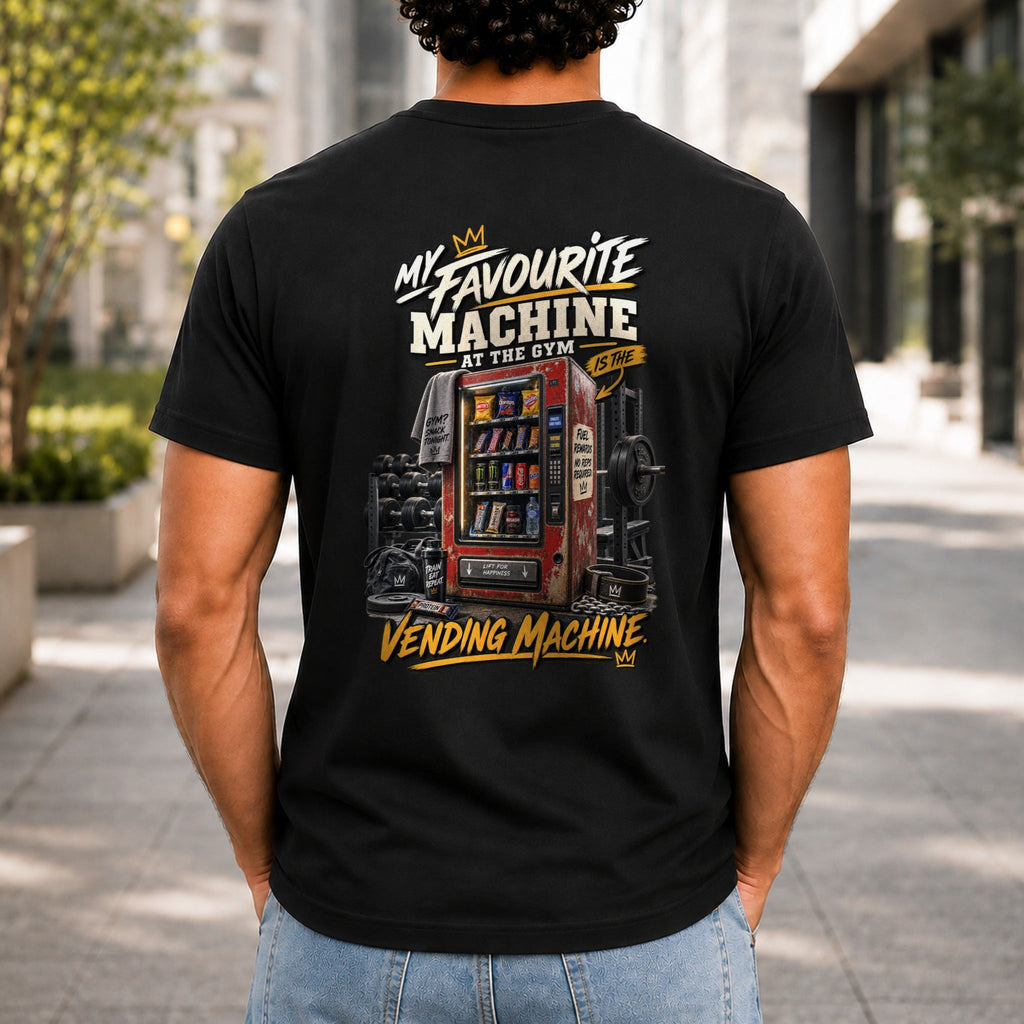 My Favourite Machine At The Gym graphic printed on the back of a black KRED Threads premium tee