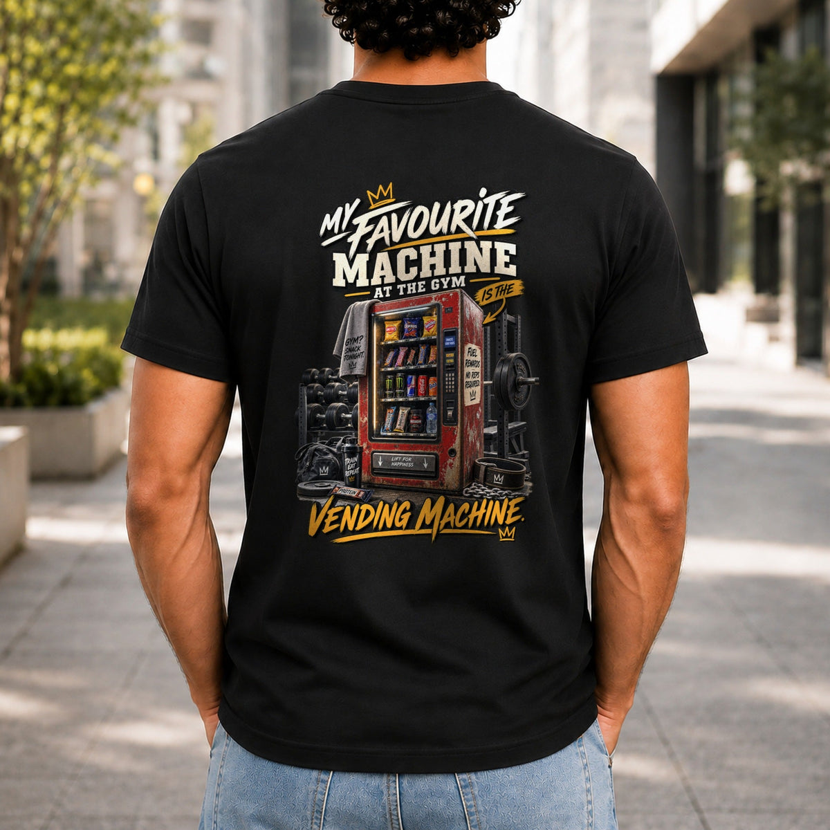 My Favourite Machine At The Gym graphic printed on the back of a black KRED Threads premium tee