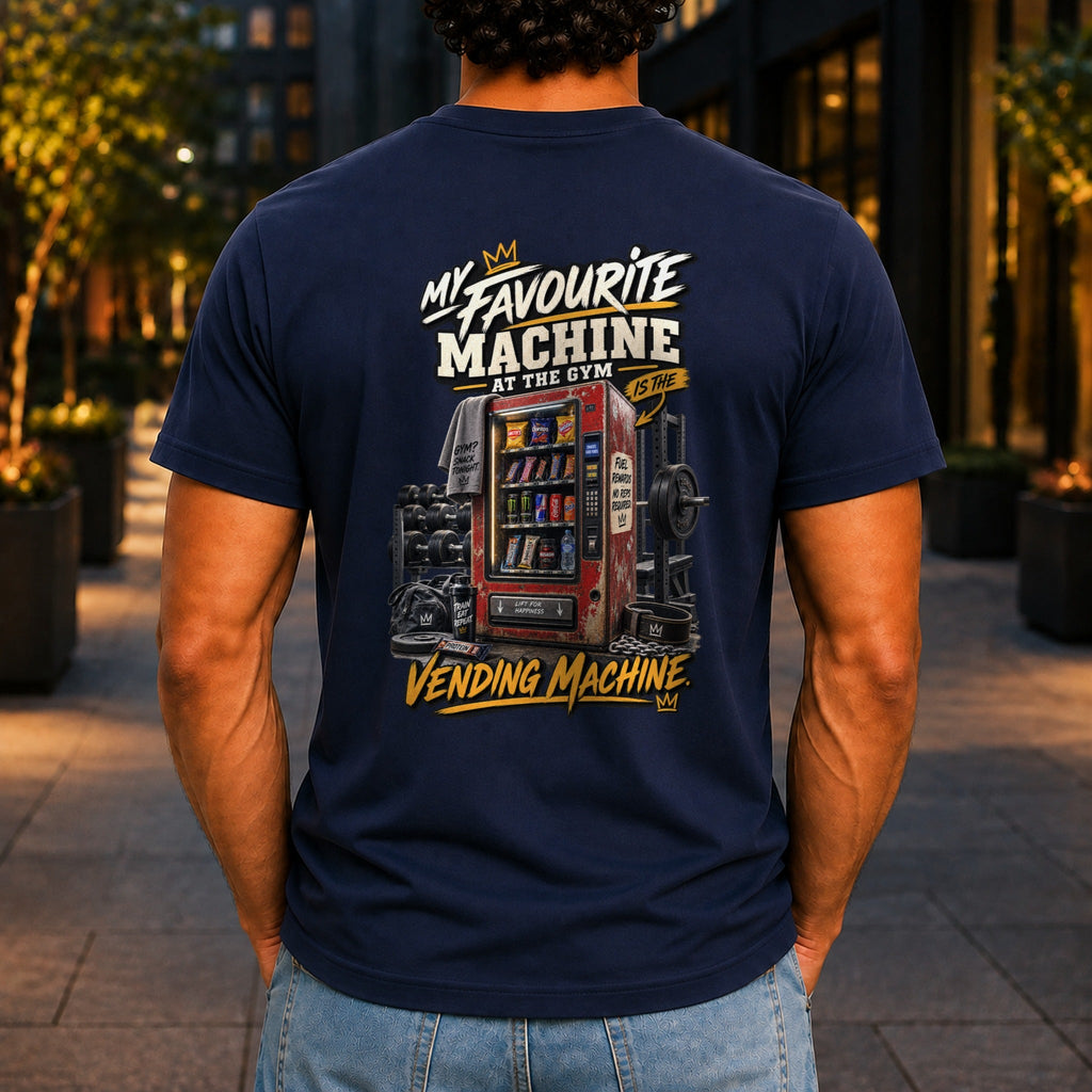 My Favourite Machine At The Gym graphic printed on the back of a navy KRED Threads premium tee