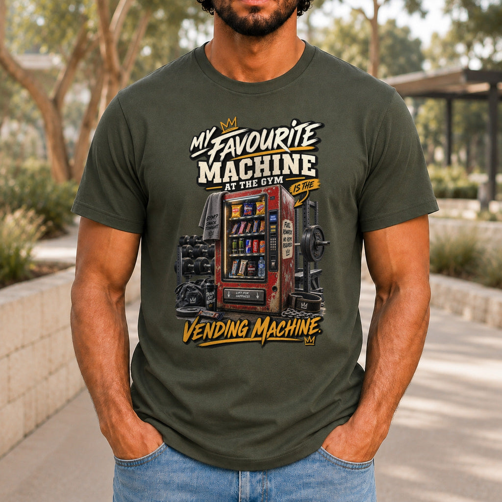 My Favourite Machine At The Gym graphic printed on the front of an army KRED Threads premium tee