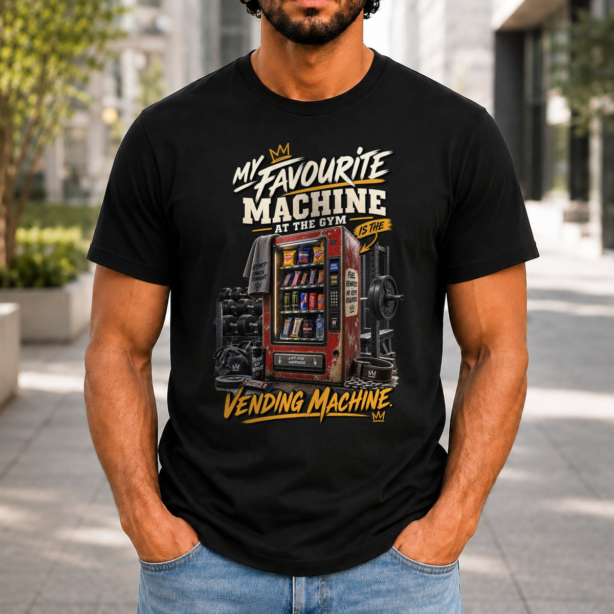 My Favourite Machine At The Gym graphic printed on the front of a black KRED Threads premium tee