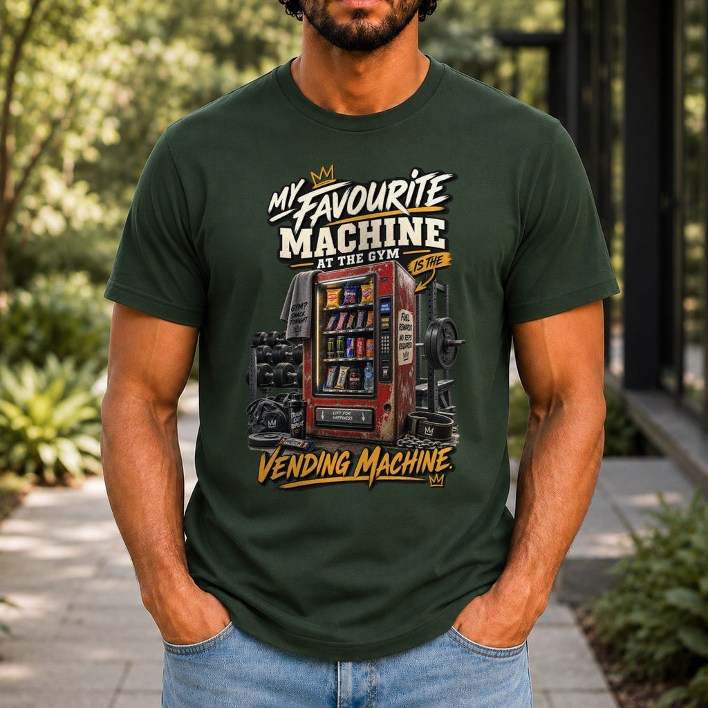 My Favourite Machine At The Gym graphic printed on the front of a forest green KRED Threads premium tee