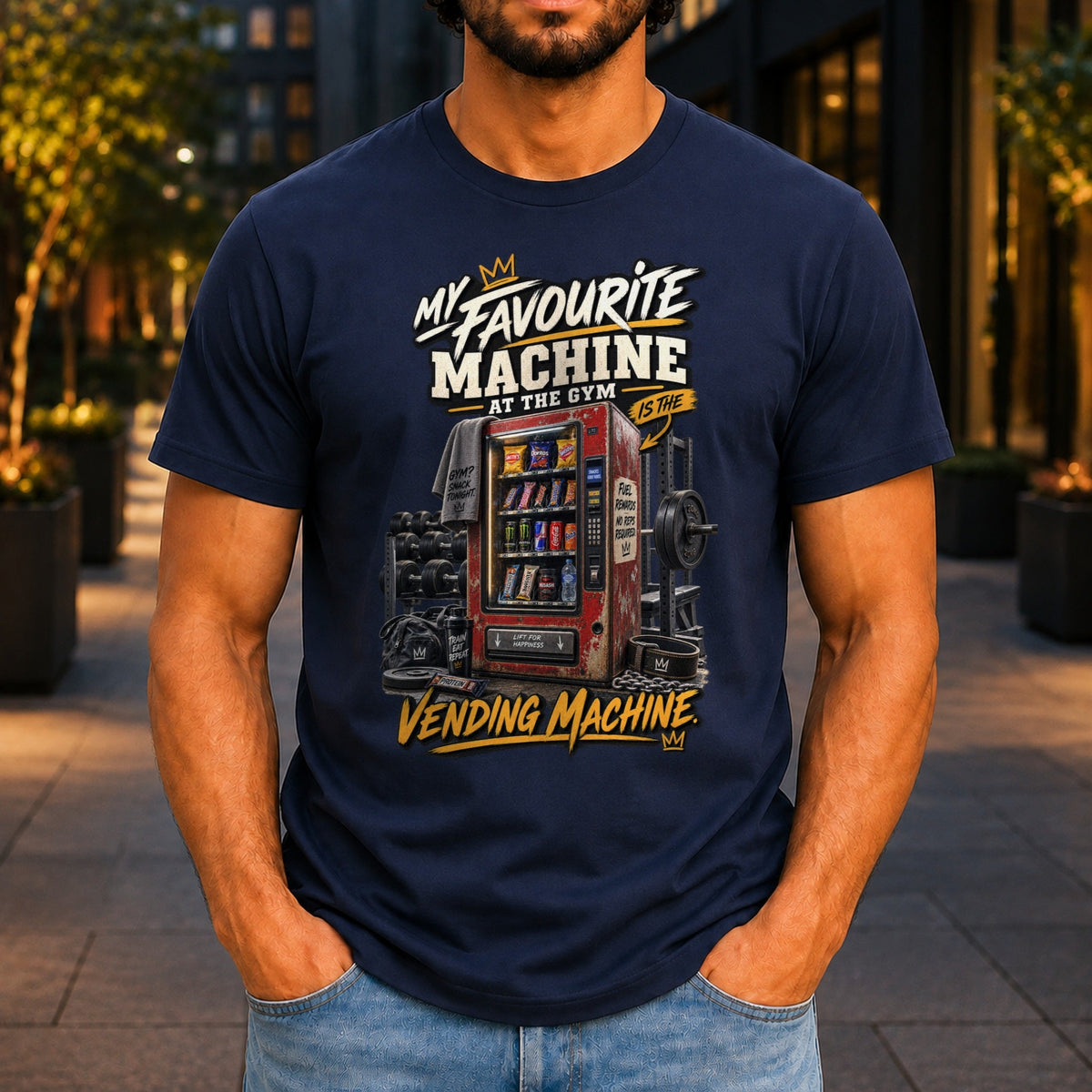 My Favourite Machine At The Gym graphic printed on the front of a navy KRED Threads premium tee