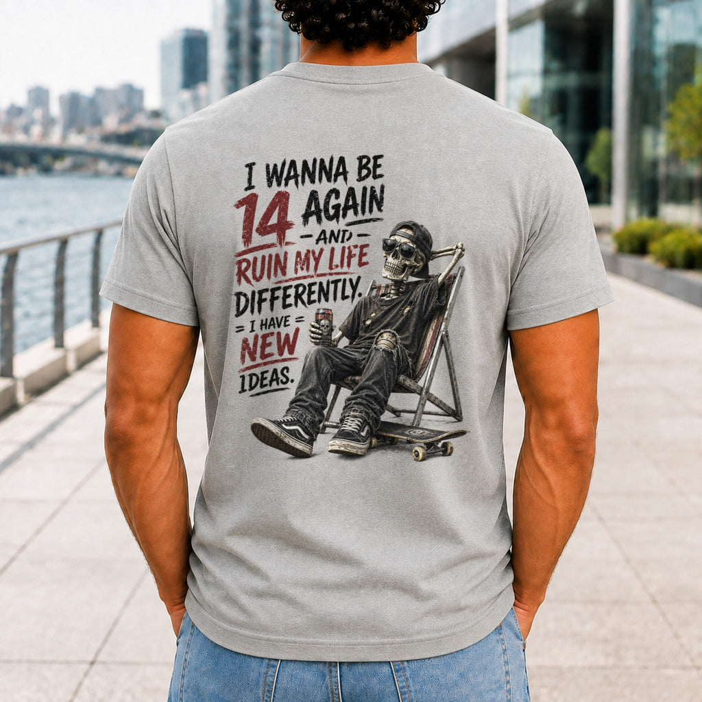 I Wanna Be 14 Again graphic printed on the back of an athletic heather KRED Threads premium tee