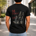 I Wanna Be 14 Again graphic printed on the back of a black KRED Threads premium tee