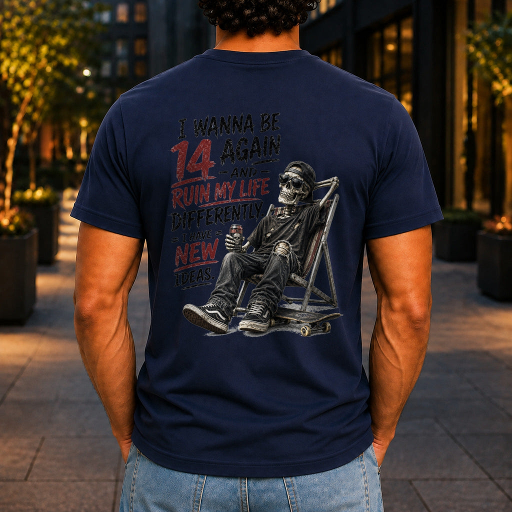 I Wanna Be 14 Again graphic printed on the back of a navy KRED Threads premium tee