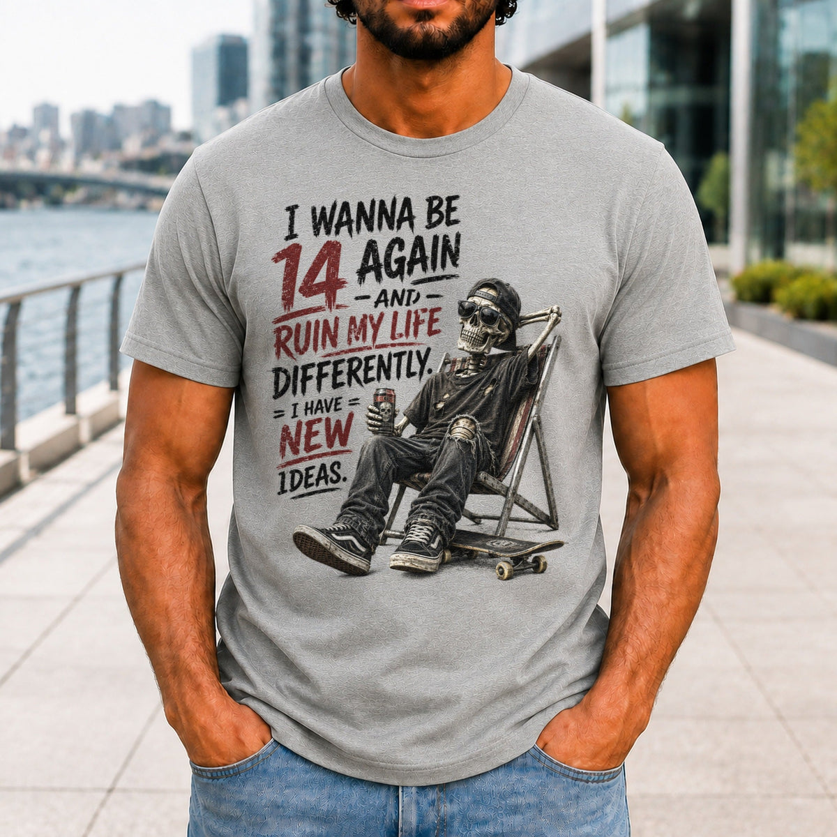 I Wanna Be 14 Again graphic printed on the front of an athletic heather KRED Threads premium tee
