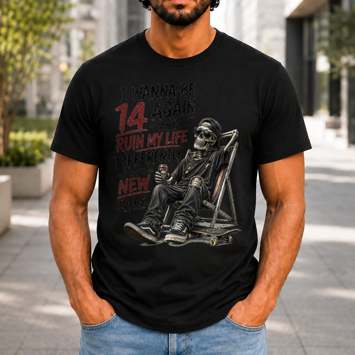 I Wanna Be 14 Again graphic printed on the front of a black KRED Threads premium tee