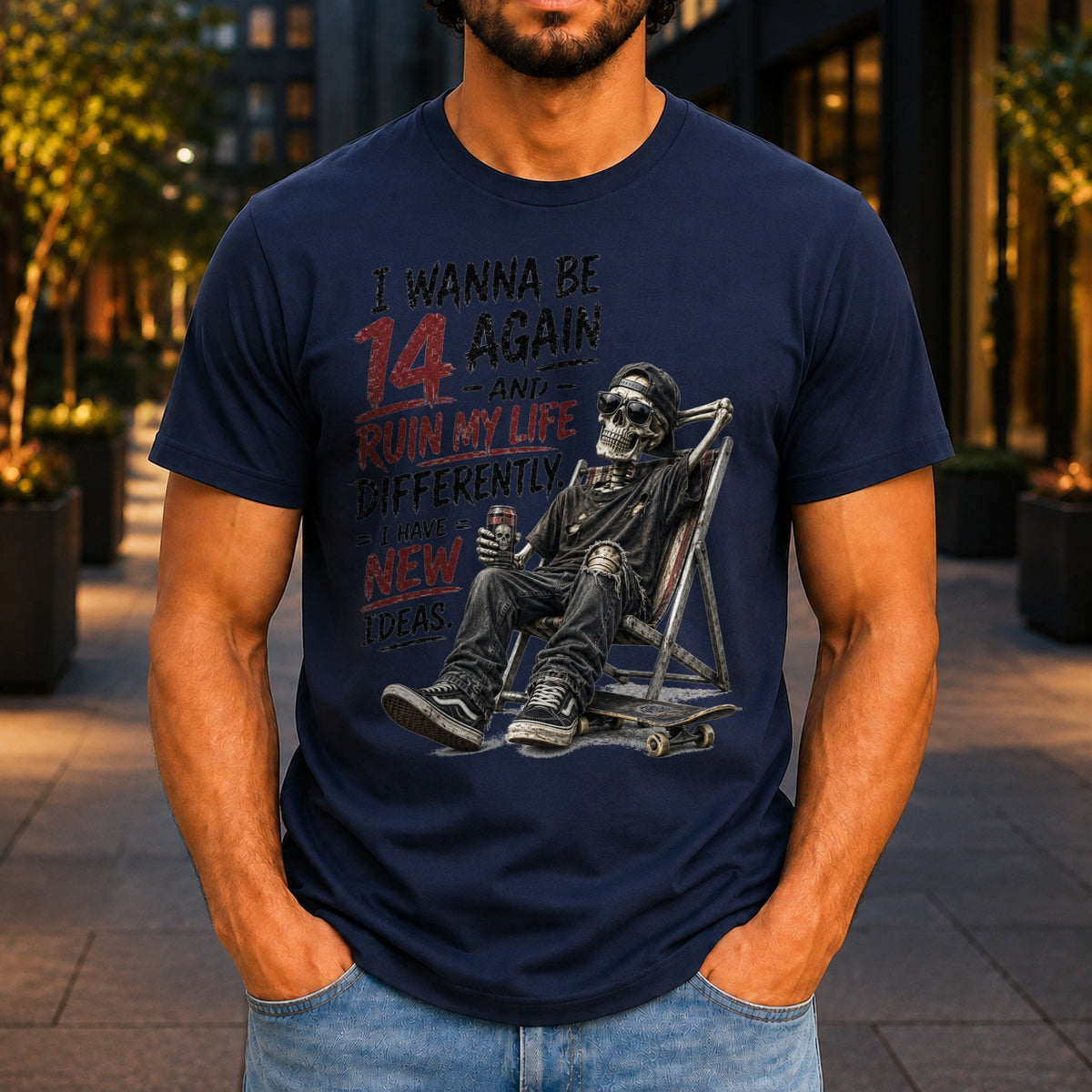 I Wanna Be 14 Again graphic printed on the front of a navy KRED Threads premium tee