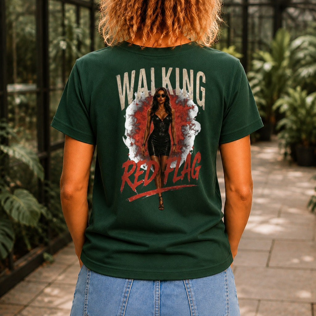 Walking Red Flag graphic printed on the back of a forest green KRED Threads premium tee