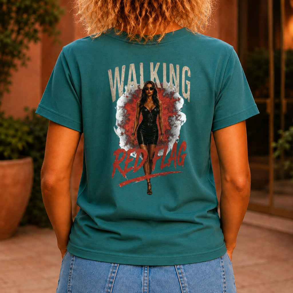 Walking Red Flag graphic printed on the back of a jade KRED Threads premium tee