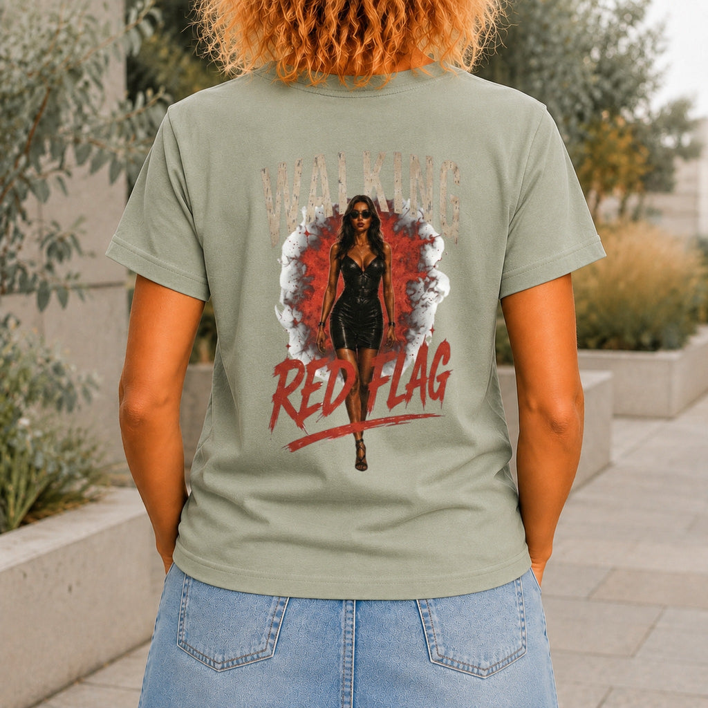 Walking Red Flag graphic printed on the back of a sage KRED Threads premium tee