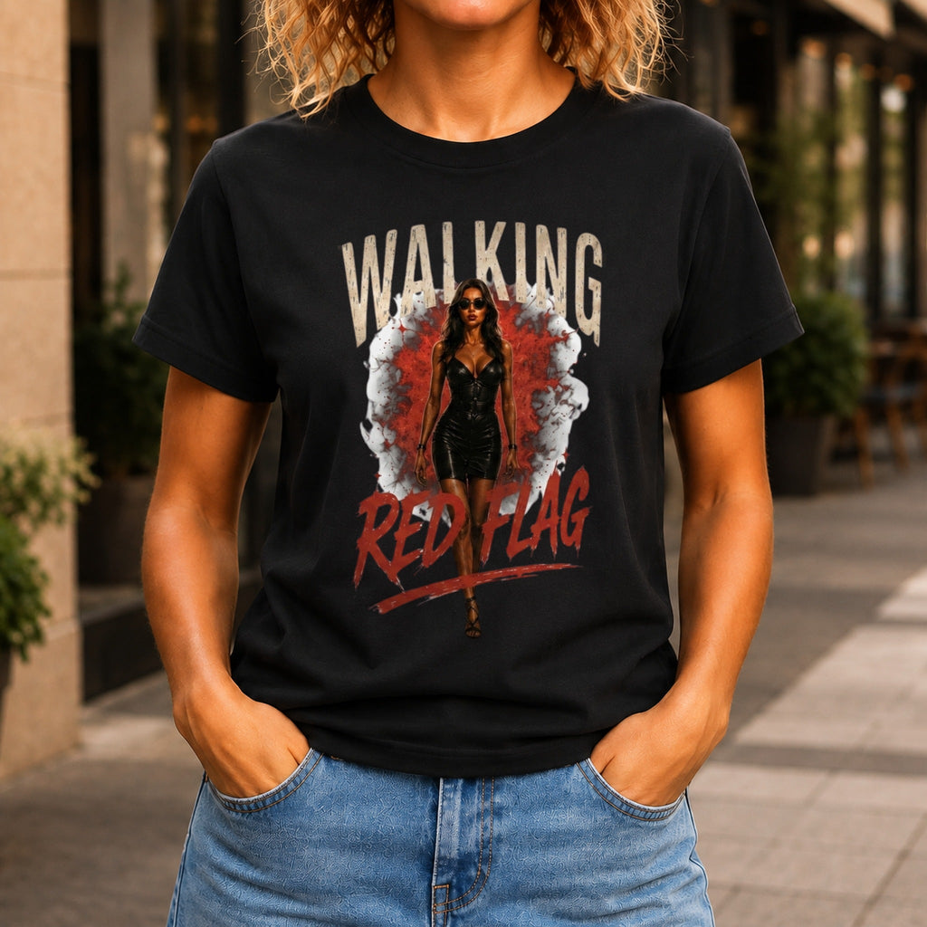 Walking Red Flag graphic printed on the front of a black KRED Threads premium tee