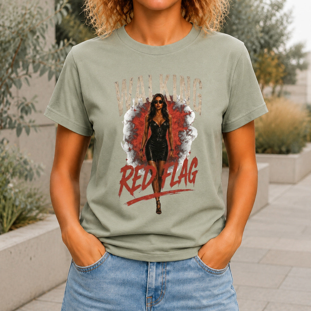 Walking Red Flag graphic printed on the front of a sage KRED Threads premium tee