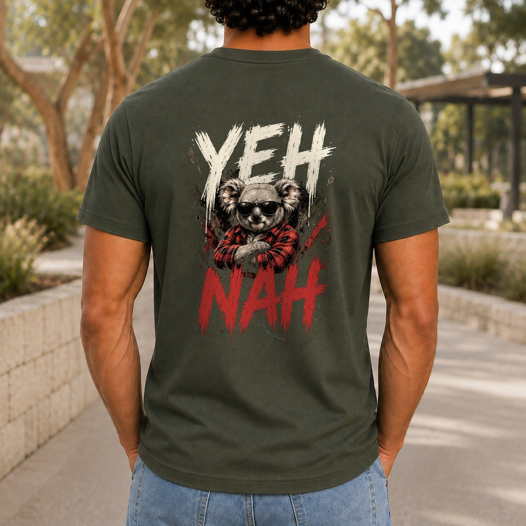 Yeh Nah graphic printed on the back of an army KRED Threads premium tee