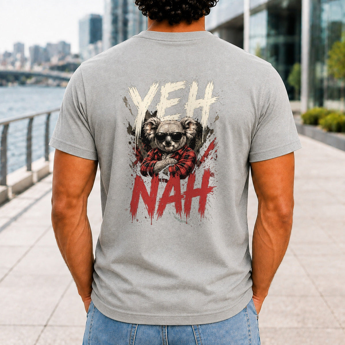 Yeh Nah graphic printed on the back of an athletic heather KRED Threads premium tee