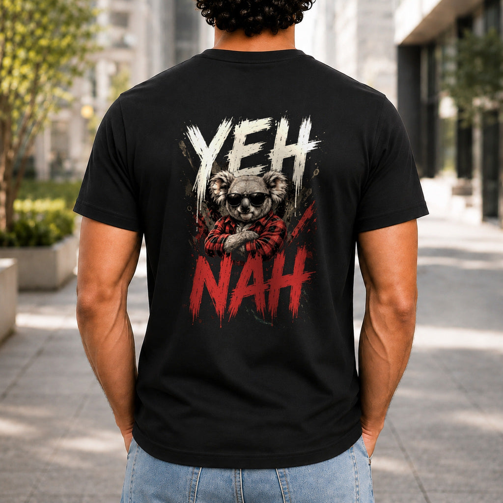 Yeh Nah graphic printed on the back of a black KRED Threads premium tee