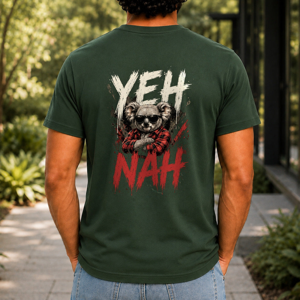 Yeh Nah graphic printed on the back of a forest green KRED Threads premium tee