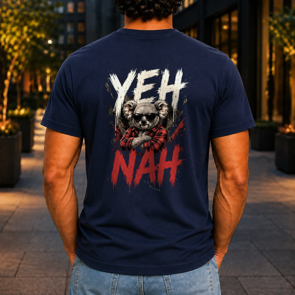 Yeh Nah graphic printed on the back of a navy KRED Threads premium tee