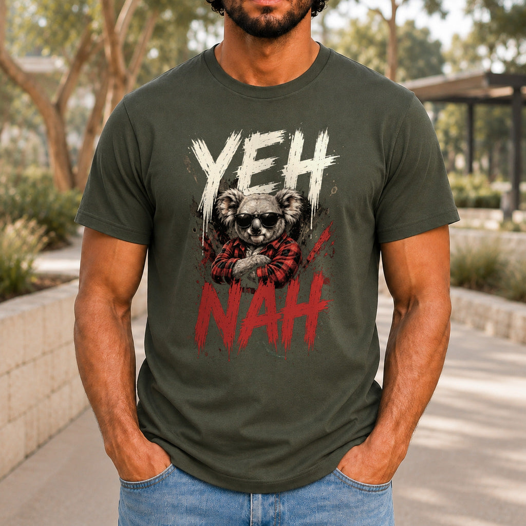 Yeh Nah graphic printed on the front of an army KRED Threads premium tee