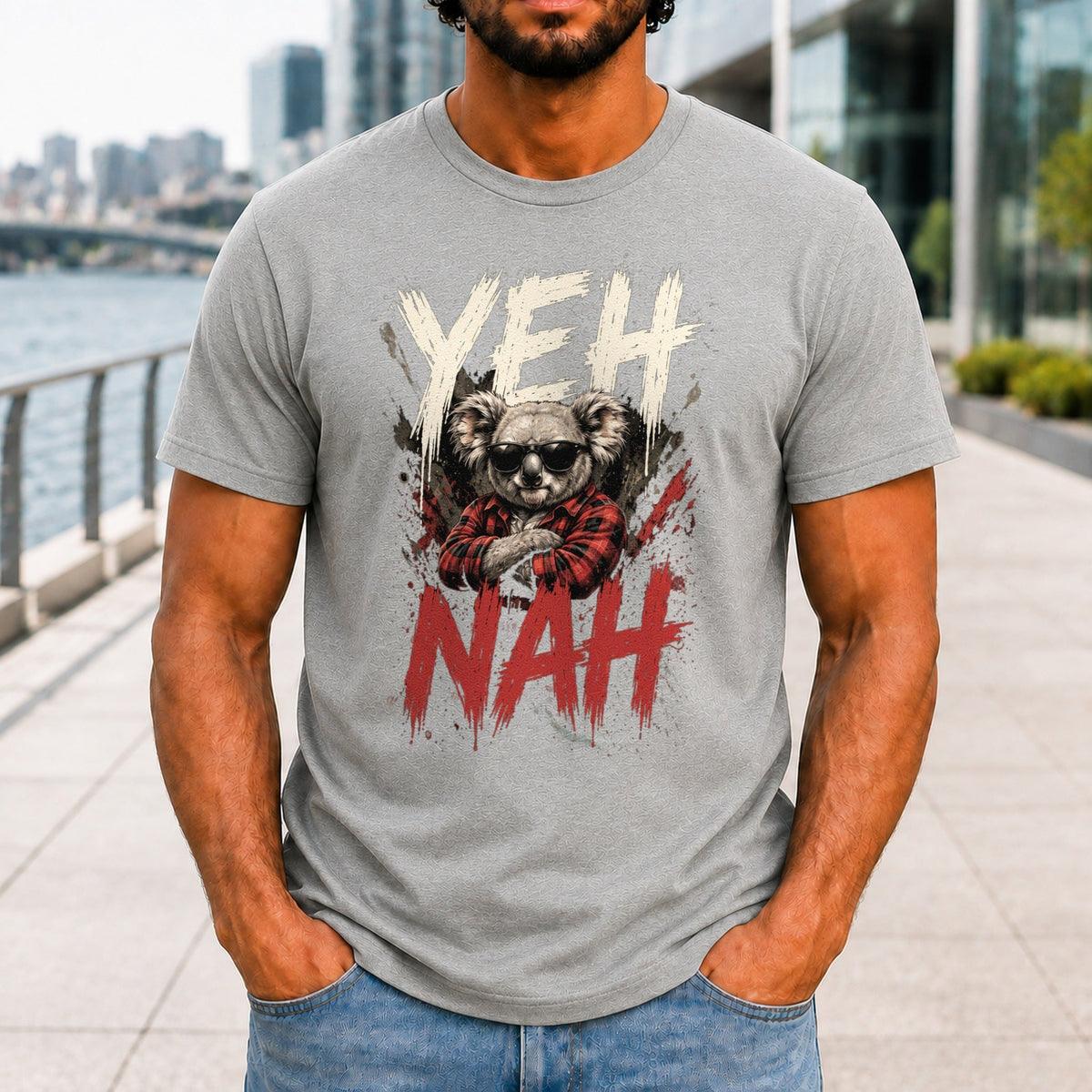 Yeh Nah graphic printed on the front of an athletic heather KRED Threads premium tee