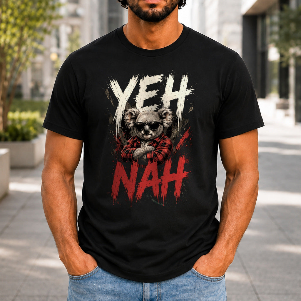 Yeh Nah graphic printed on the front of a black KRED Threads premium tee