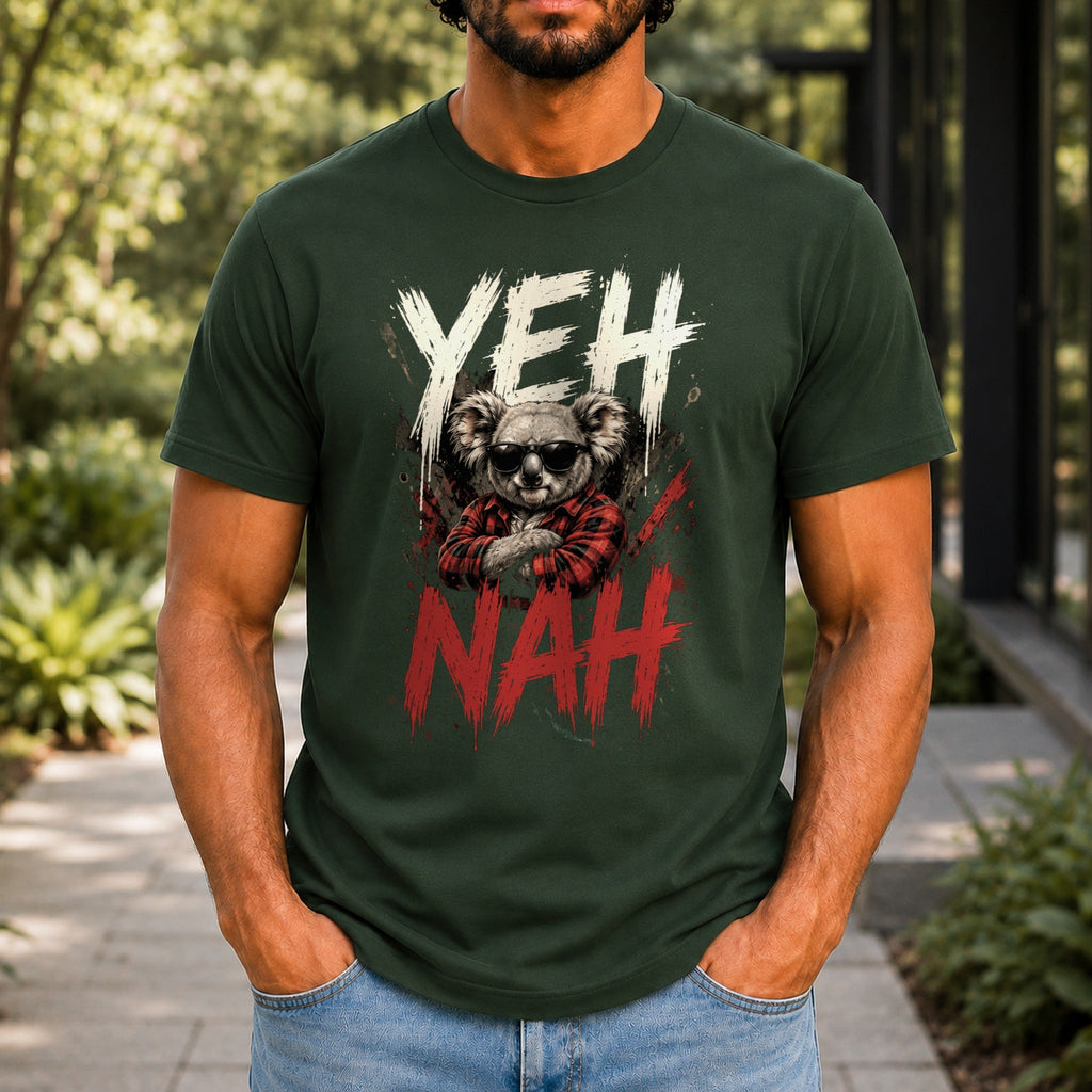 Yeh Nah graphic printed on the front of a forest green KRED Threads premium tee
