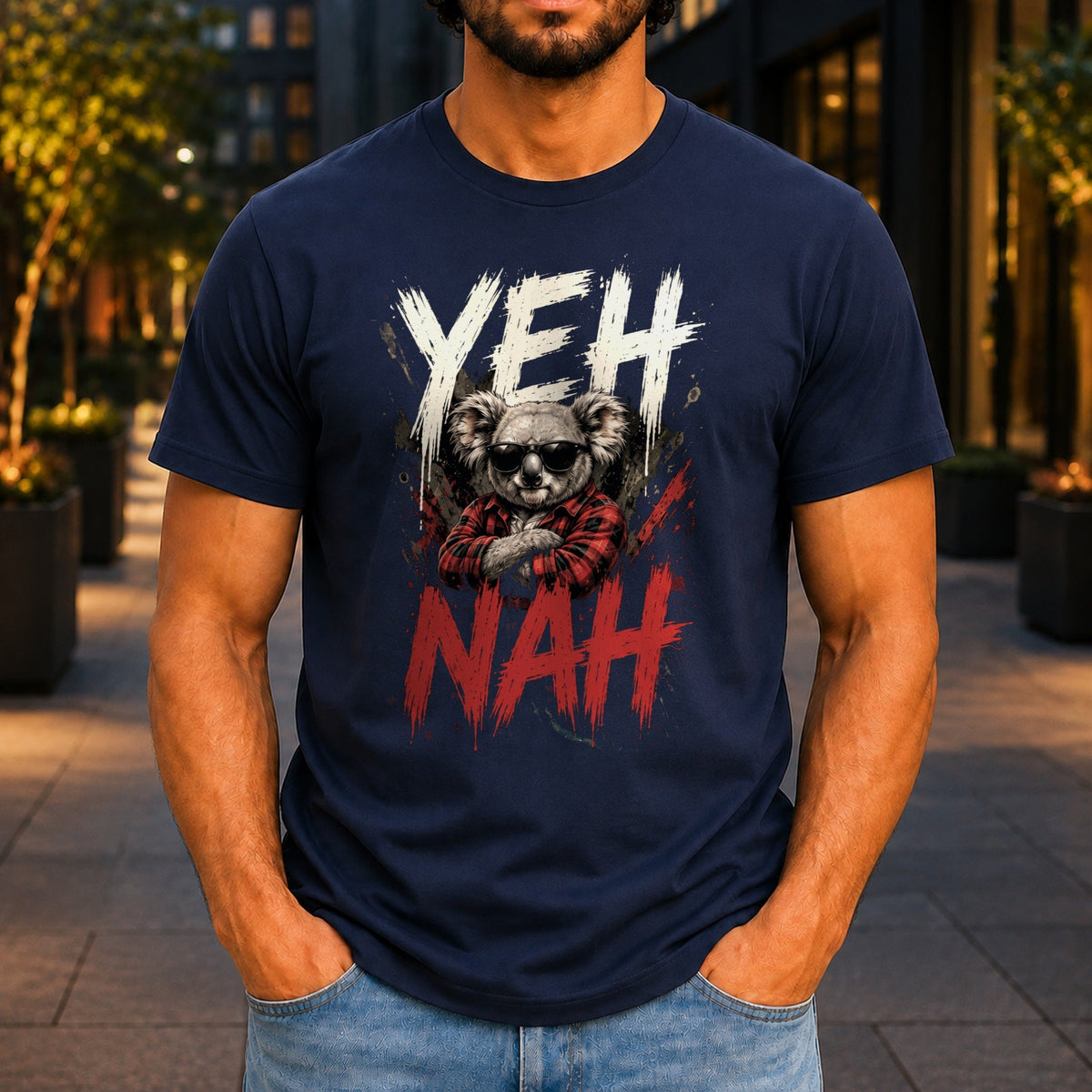 Yeh Nah graphic printed on the front of a navy KRED Threads premium tee