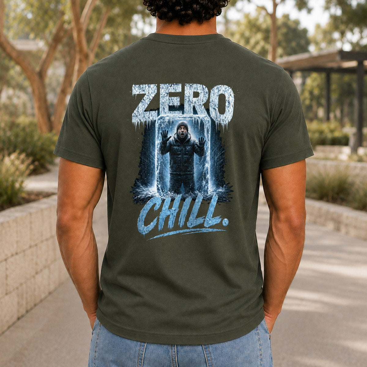 Zero Chill Men’s tee in Army, back view