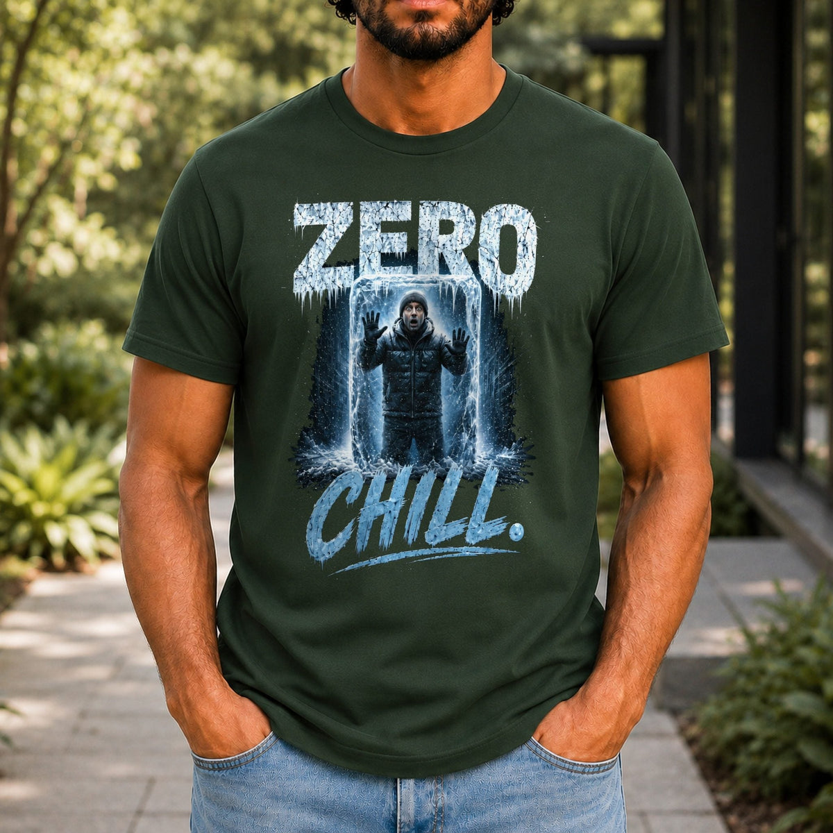 Zero Chill Men’s tee in Forest Green, front view