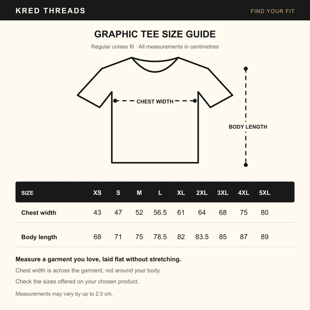 KRED graphic tee size guide — centimetres