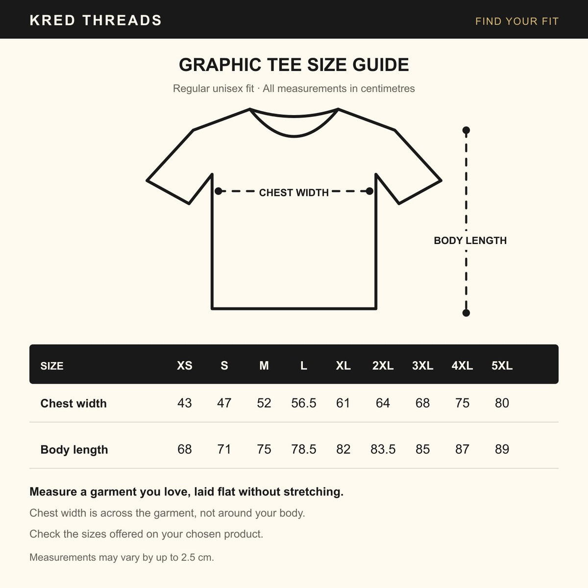 KRED graphic tee size guide — centimetres
